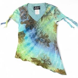 Fairy Floral V-Neck Asymmetrical Top - Blue and Green